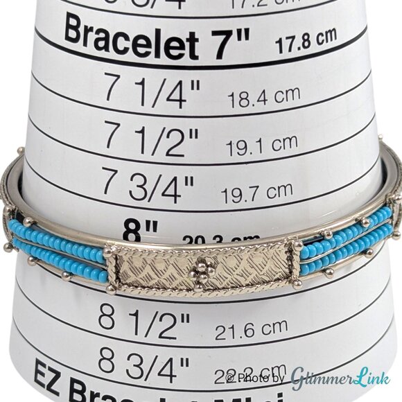 Southwestern Style Silver Tone Bangle Bracelet with Teal Seed Beads - Picture 8 of 9